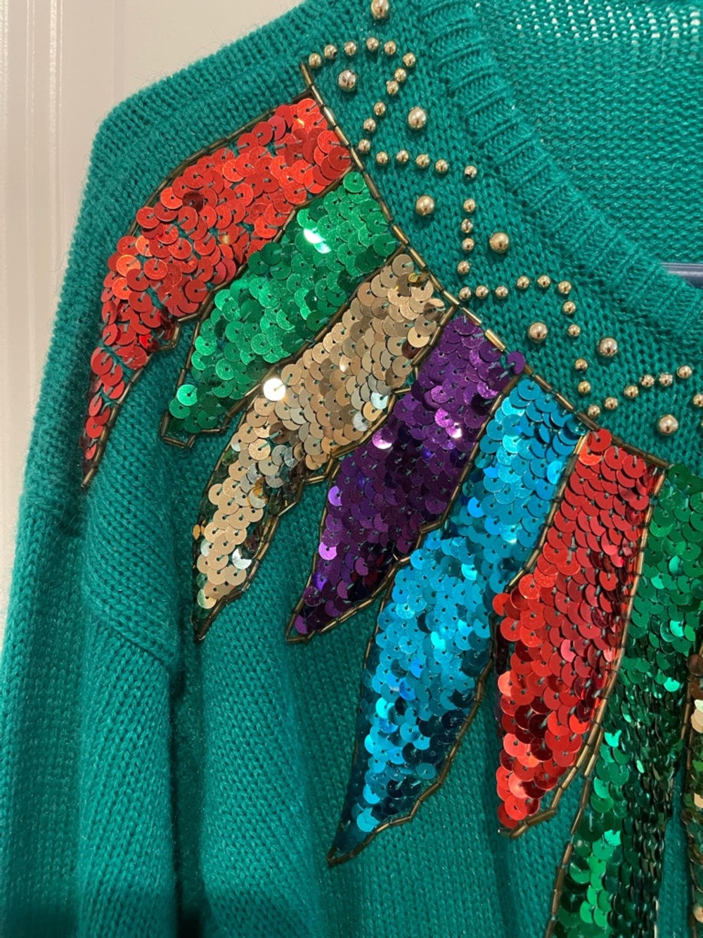 Western Connection Teal Sequin Feather-Accent Sweater - Picture 6 of 6
